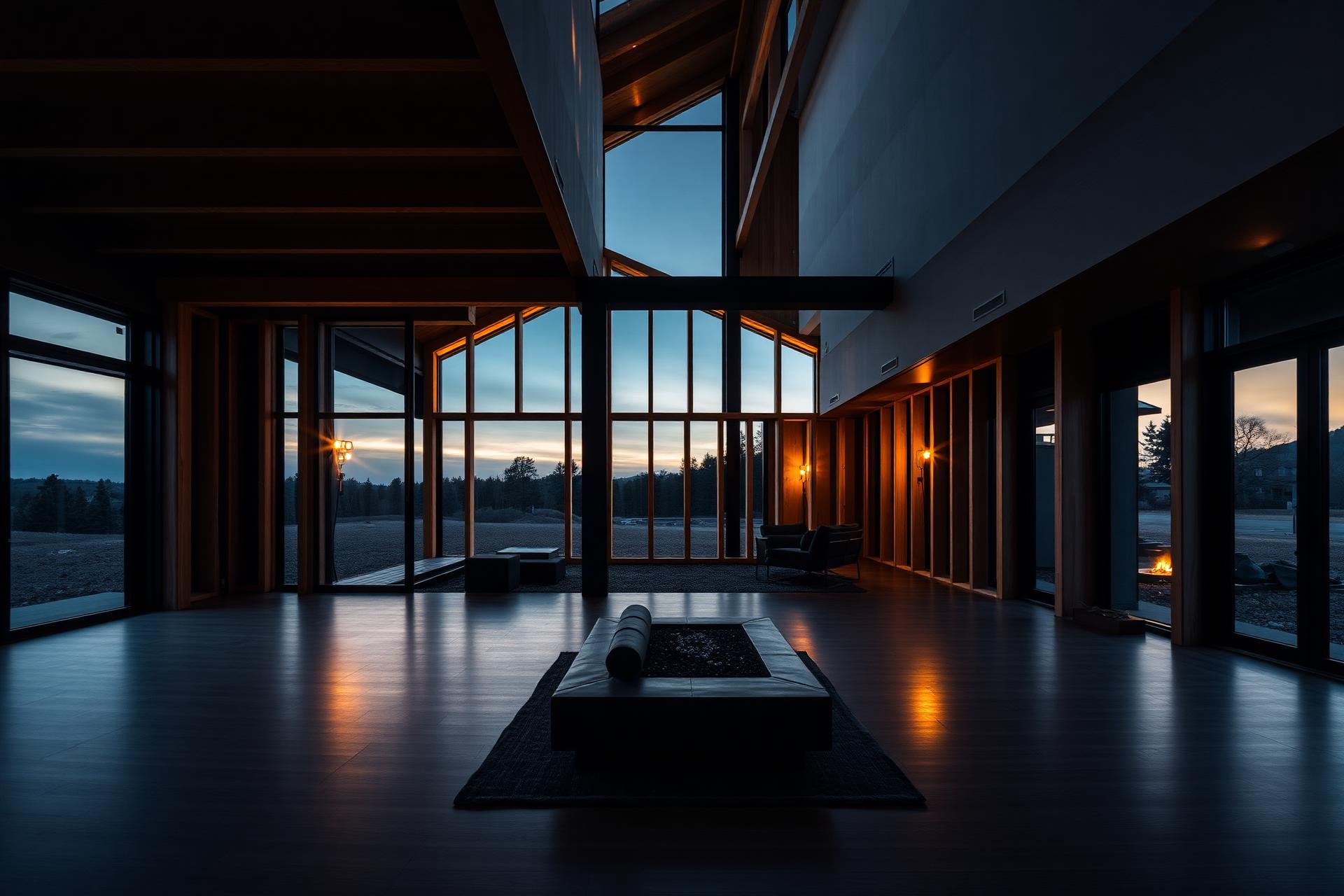 Modern residential home interior with warm architectural lighting at dusk