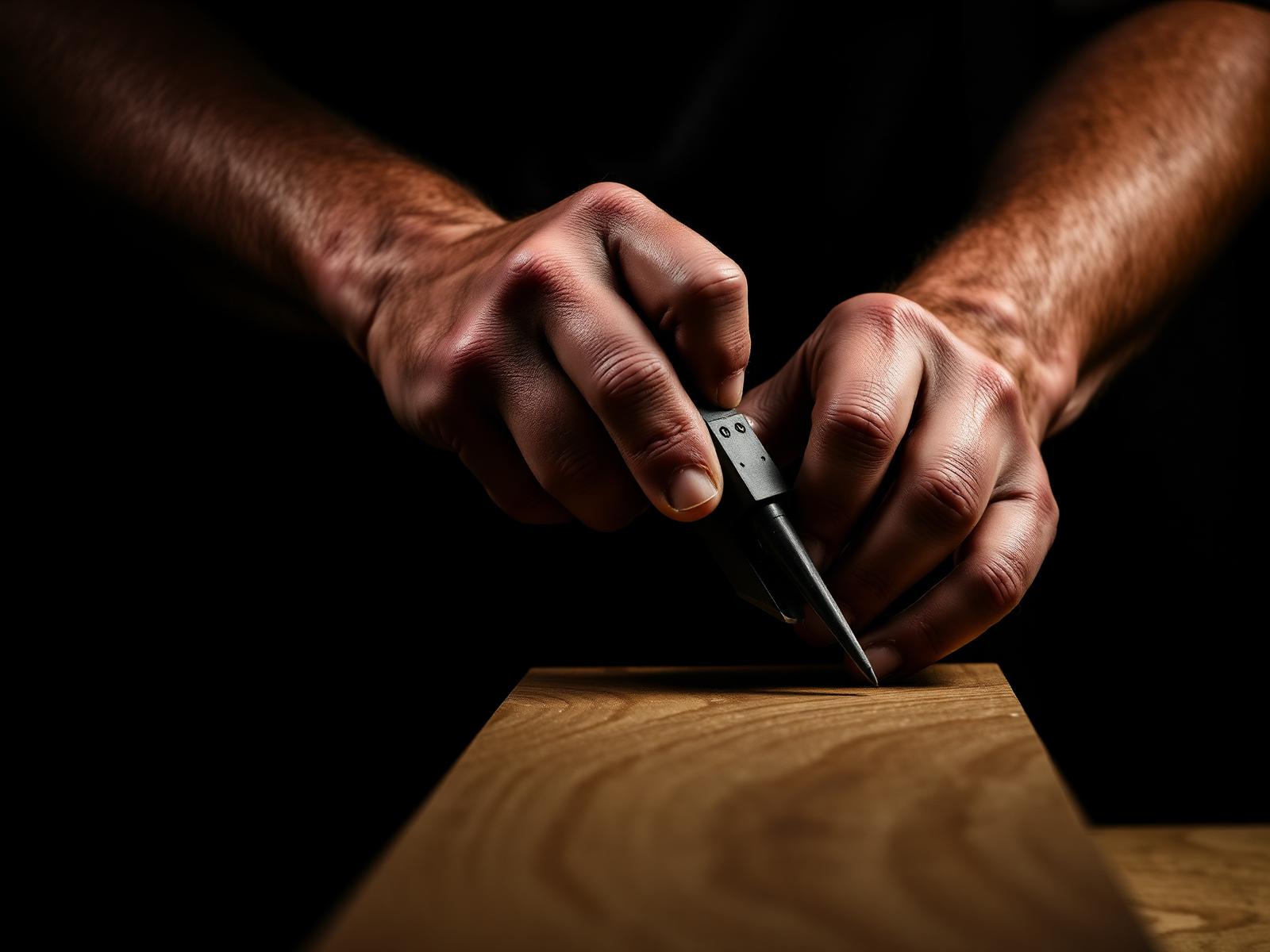 Craftsman hands measuring premium wood cabinetry in a moody workshop